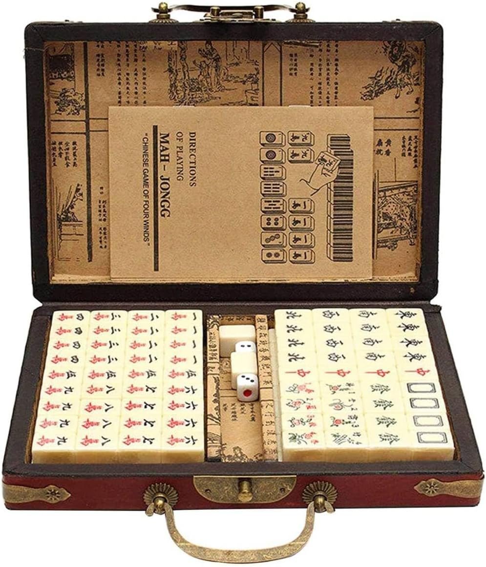 Mahjong Juego de Mesa 144 Azulejos Mah Jong Set Chino Antiguo