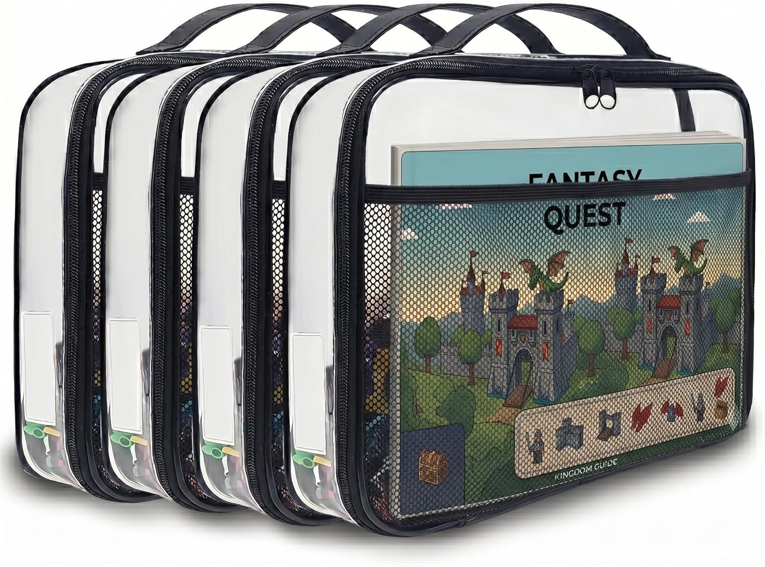 holay Pack de 4 Grandes Bolsas Organizadoras PVC con Cremallera, Etiqueta de Nombre y Bolsillo para Manual, Estuche Transparente para Bloques, Plastilina, Juegos de Mesa, Viaje (Gris, Grande)