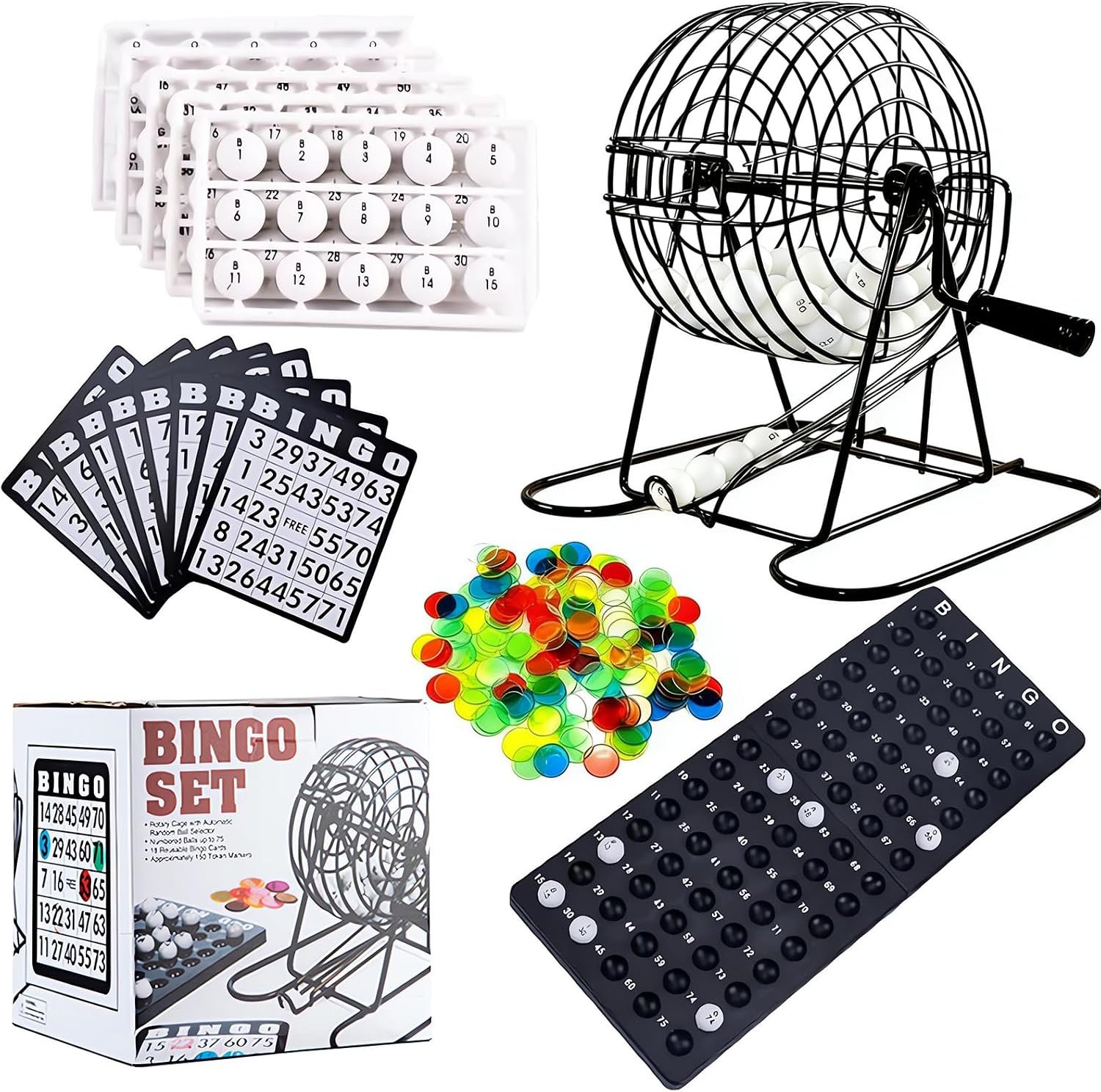 Juego de Bingo Completo – con Tambor Metálico, 75 Bolas Numeradas, 18 Cartones y 125 Fichas – Juego de Mesa para Adultos, Mayores y Niños – Ideal para Fiestas y Noche en Familia (Negro)